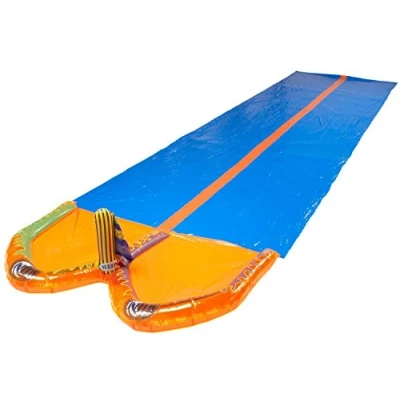 Abbildung von Happy People Wasserrutsche 77825, Doppel Wasserbahn, 650 x 180 cm, Sprinkler, Rutschmatte, orange/blau