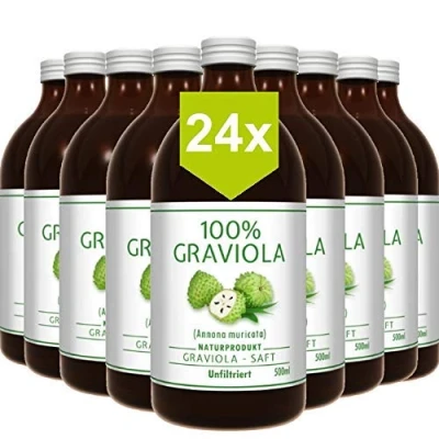 Abbildung von 24 x 100% Graviola Direkt Saft unfiltriert &amp; vegan (24 500ml), aus Püree. Stachelannone, Soursop, Corossol, Guanabana.