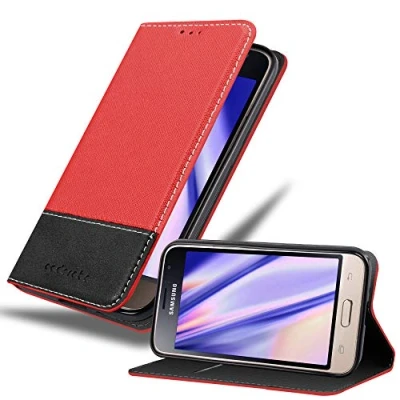 Abbildung von Cadorabo Hülle kompatibel mit Samsung Galaxy J1 2016 aus Premium Kunst Leder Flip Klappbare Stoßfeste Magnetische [Standfunktion] [Kartenfächern] Cover für Tasche in Rot