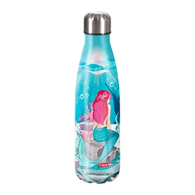 Abbildung von Step by Isolierte Trinkflasche aus Edelstahl, Mermaid Bella, blau rosa, für kohlensäurehaltige Getränke, auslaufsicher, Schraubverschluss, BPA frei, 100% recycelbar, Schule &amp; Freizeit, 0,5 l