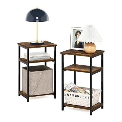 Abbildung von Furinno Just 3 stufiger industrieller Beistelltisch mit Metallrahmen und Ablageflächen, 2er Pack, Amber Pine