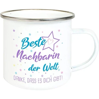Abbildung von ShirtInStyle, Geschenkset, Emaille Tasse beste Nachbarin der Welt, danke das es dich gibt! Farbe weiß