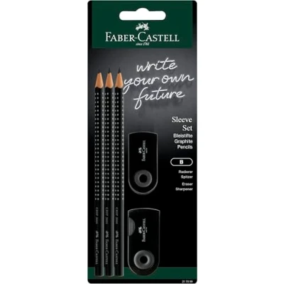 Abbildung von FABER CASTELL 217086 Bleistifte Set Sleeve, mit Spitzer, Radiergummi und 3 Bleistiften, Schreibset Grip 2001 schwarz