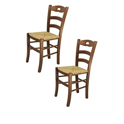 Abbildung von t m c s Tommychairs 2er Set Stühle Savoie für die Küche und Esszimmer, Robuste Struktur aus lackiertem Buchenholz, im Farbton Nussbraun Sitzfläche Stroh