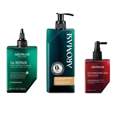 Abbildung von AROMASE Anti Schuppenflechte Set für die Behandlung von Psoriasis auf der Kopfhaut, abgestimmtes 3er inkl. Dandruff Essential Shampoo (Groß (260ml + 400ml 80ml))