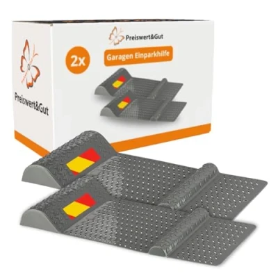 Abbildung von Preiswert &amp; Gut 2X Garagen Einparkhilfe Radstopper, rutschfeste Parkmatte Bremsschwelle mit Klebestreifen oder Bohren, Parkhilfe seitliche Einfahrhilfe 52x25cm, Positionsmatte für sicheres Einparken