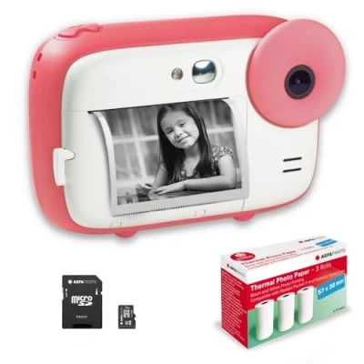 Abbildung von AGFA Photo Realikids Instant Cam + 1 Micro SD Karte 32 GB 3 Rollen Thermopapier ATP3WH Sofortbildkamera für Kinder, LCD Display 2,4 Zoll, Selfie Spiegel und Fotofilter Rosa