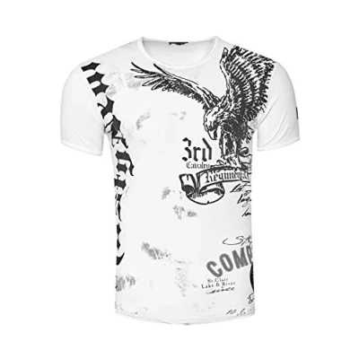 Abbildung von T Shirt für Männer Weiß S M L XL XXL 3XL Kurzarm Rundhals American Eagle X Adler Print 235, Farbe:Weiß, Größe 3XL:3XL