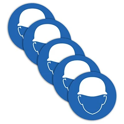 Abbildung von 5 Stück Kopfschutz tragen/Helmpflicht ISO 7010 Aufkleber Ø 9,5cm Sticker Hinweiszeichen Gebotszeichen mit UV Schutz für Außen und Innenbereich von STROBO