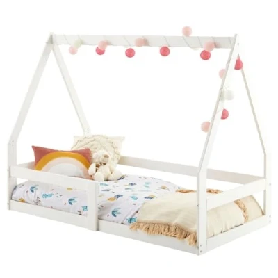 Abbildung von IDIMEX Kinderbett TAMI, Hausbett Kinder Bodenbett Kiefer Massivholz 70x140 cm weiß