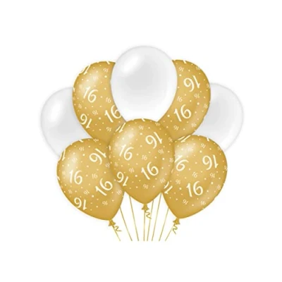 Abbildung von Luftballons 16 Jahre Weiß/Gold pro 8