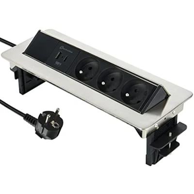 Abbildung von Electraline 35445 Steckdosenleiste, versenkbar, Arbeitsplatte mit 3 16 A, französischer Standard + 2 3,1 A 1 USB Typ C 15,5 W, Einbausteckdose für Küche, Kabel m, schwarz, horizontal