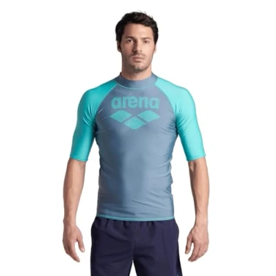Abbildung von Arena Herren Mens Rash Vest S/S Graphic Shirt, Stone Grey Water, S EU