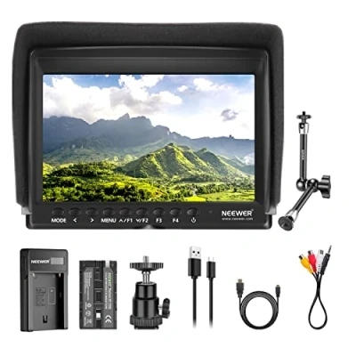 Abbildung von NEEWER F100 7Zoll Kamera Feldmonitor Video Assist Slim IPS 1280x800 HDMI Eingang 1080p mit 2600mA Li Ionen Akku/USB Ladegerät, Magic Arm für DSLR Kameras,Stabilisator, Film Herstellung Rig