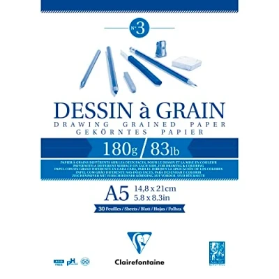 Abbildung von Clairefontaine 96626C Zeichenblock Dessin à grain, gekörntes Zeichenpapier, 30 Blatt, 180 g, DIN A5, 14,8 x 21 cm, ideal für Kunstunterricht, geleimt, Weiß, 1 Stück