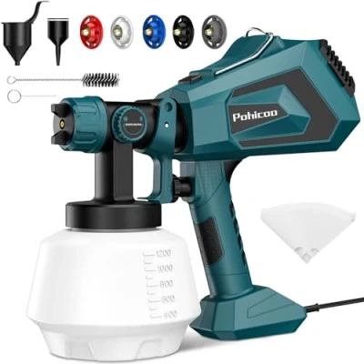 Abbildung von Pohicoo Farbsprühsystem, 700W HVLP Lackierpistole Elektrisch, 1200ml Verstellbarem Farbfluss farbsprühpistole für Zäune, Schränke, Wände, Decken, Möbel
