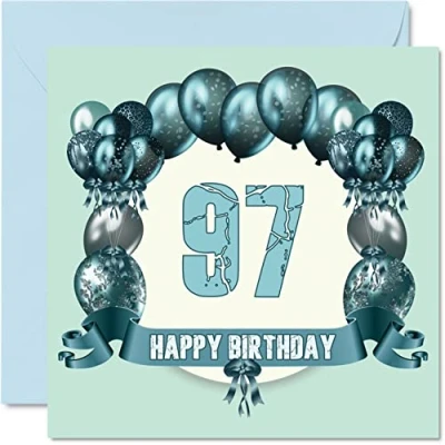 Abbildung von Lustige Geburtstagskarte zum 97. Geburtstag für Männer Geburtstagsballons Happy Birthday Karte Großvater, Vater, Oma, Mutter,