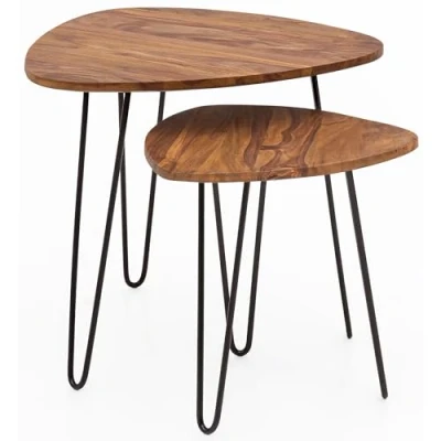Abbildung von FineBuy Design Satztisch FB51455 Sheesham Metall Beistelltisch 2er Set klein, Couchtisch 2 Holz Tische, Massivholz Wohnzimmertisch Metallgestell, Schmaler Sofatisch Ablagetisch