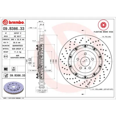 Abbildung von BREMBO 09.B386.33 Bremsscheibe 390 32,6 5 Verbundbremsscheibe, gelocht/innenbel. beschichtet hochgekohlt NISSAN: GT R