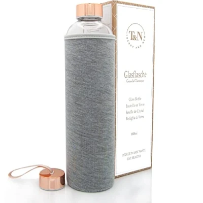Abbildung von T&amp;N Glasflasche 1 Liter / 750ml 500ml Trinkflasche Glas 1l mit Neoprenhülle Wasserflasche Auslaufsicher Glastrinkflasche aus dickerem Borosilikat für Kohlensäure geeignet
