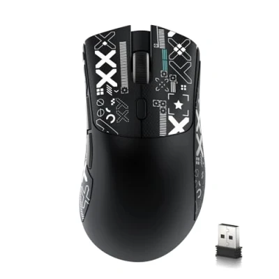 Abbildung von MAMBASNAKE x Attack Shark R1 59 g leichte kabellose Tri Mode Gaming Maus mit Anti Rutsch Aufklebern, 2,4G/BT/Kabelkonnektivität,5 programmierbare Tasten,6 einstellbare DPI bis zu 18000,PAW3311Schwarz