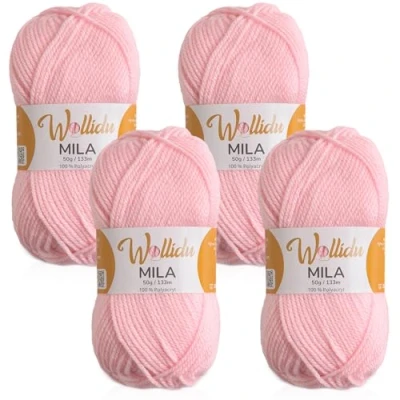 Abbildung von Wollidu Mila Garn zum Häkeln und Stricken 4 x 50g/133m Strickgarn 100% Polyacryl Häkelgarn Rosa