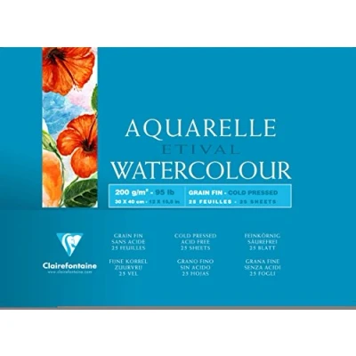 Abbildung von Clairefontaine 96455C Aquarellblock Etival (4 seitig verleimt, 25 Blatt, 200g, für alle Nasstechniken geeignet, feinkörnig, 100% Zellulose, 30 x 40 cm) weiß