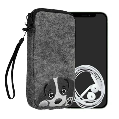 Abbildung von kwmobile Handytasche für Smartphones L 6,5&quot; Handy Filztasche Neugieriger Hund Grau Schwarz 16,5 x 8,9 cm Innenmaße