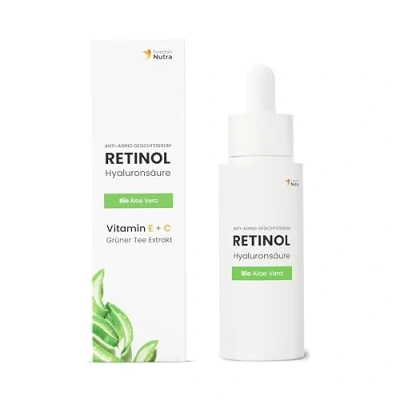 Abbildung von Swedish Nutra Anti Aging Retinol Serum I Glatte &amp; strahlende Haut Hyaluronsäure, Bio Aloe Vera, Vitamin E, C, Grüntee Extrakt Made in Sweden 30ml