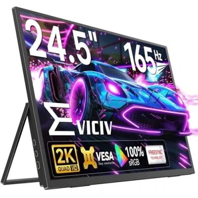 Abbildung von EVICIV Portable Monitor 24,5 Zoll 2K 165Hz Tragbarer mit 2560 * 1440 IPS Bildschirm Integrierter Halterung Mini HDMI USB C für PC Laptop Handy Xbo Switch, Mobiler VESA kompatibel