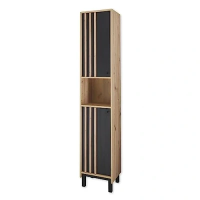 Abbildung von VOLANO Badezimmer Hochschrank in Artisan Eiche Optik, Schwarz Badezimmerschrank Bad Schrank mit viel Stauraum 38 x 195 32 cm (B/H/T)