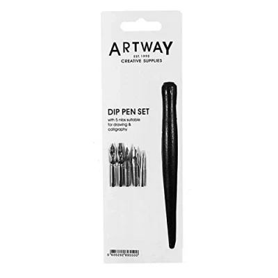 Abbildung von Artway Federhalter mit 5 Federn zum Zeichnen und für Kalligrafie zur Verwendung Tinte schwarzer Griff 1 x Set