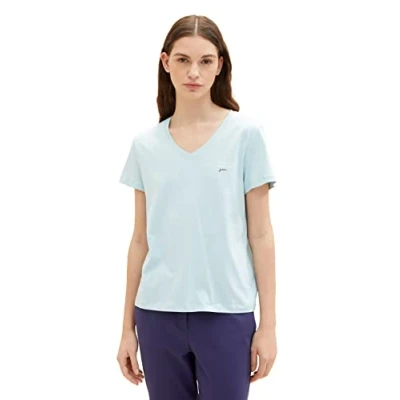 Abbildung von TOM TAILOR Damen 1035853 T Shirt mit V Ausschnitt, 30463 Dusty Mint Blue, M