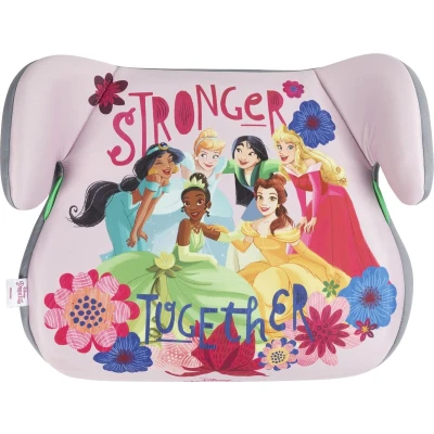 Abbildung von Disney Princess Babysitz für die Sicherheit von Mädchen mit einer Höhe 125 bis 150 cm Mulan Jasmine Aurora Belle Cinderella Tiana Grafiken auf rosafarbenem Hintergrund, Auto Rückenlehne,