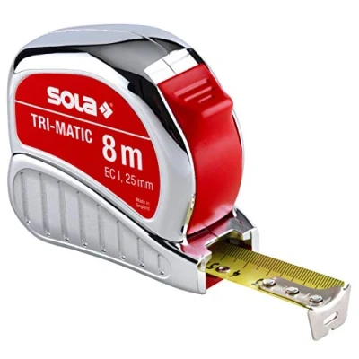 Abbildung von SOLA TRI MATIC Bandmaß 8m / 25mm Profi Taschenbandmaß mit Gürtelclip Stahlband, gelb lackiert mm Skala Genauigkeitsklasse I Rollmeter beweglichem Endhaken Länge 8m/25mm