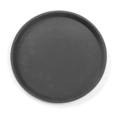 Abbildung von HENDI Serviertablett, Tablett, Temperaturbeständig bis 80C, Gastro rund, Gummi Antirutschbeschichtung, Schock und bruchfest, Polypropylen, ø360mm, Schwarz