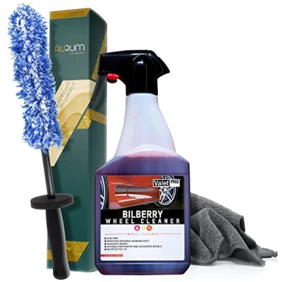 Abbildung von detailmate Felgenreinigungsset: ValetPRO Bilberry RTU Felgenreiniger 500ml + Aurum ultraFlat Microfaser Felgenbürste Mikrofasertuch 320GSM