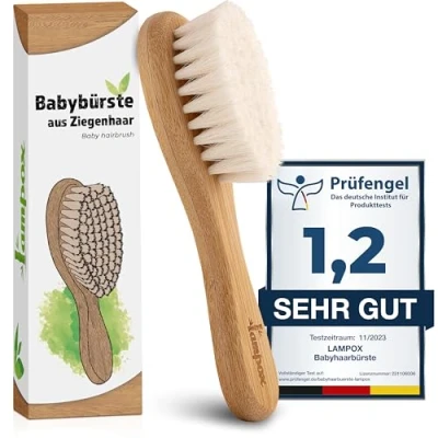 Abbildung von lampox Babyhaarbürste extra weich, Baby Erstausstattung Neugeborene mit weichen Ziegenhaaren, Milchschorf, Haarbürste, Pflegeset, Geschenk, Kopfhautpflege, Kleinkinder, Babyzubehör