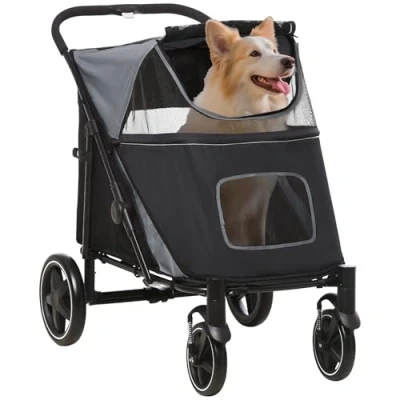 Abbildung von PawHut Hundebuggy Hundewagen Haustier Buggy bis 30 kg, Katzenbuggy mit Netzfenster, (1 tlg), für Außenbereich, Grau