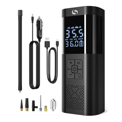 Abbildung von SERVOMASTER Elektrische Luftpumpe, Tragbar Mini Kompressor mit Manometer, Luftpumpe Akku 150PSI 12V DC, Fahrrad LED für Auto Motorrad Kugel