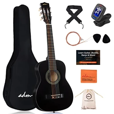 Abbildung von ADM 1/4 Kindergitarre Junior Konzertgitarre für Anfänger mit Clip Stimmgerät, Tasche, Gurt, Zusätzlichen Saiten und Plektren, Schwarz
