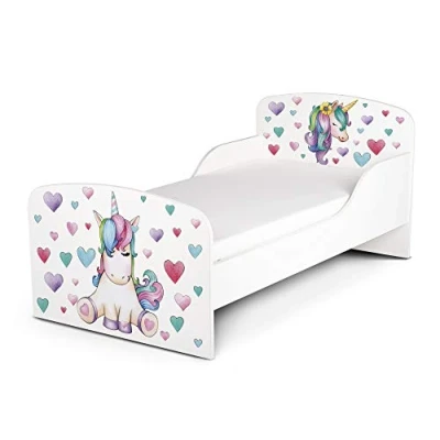 Abbildung von Leomark Funktionsbett aus Holz Einhorn Kinderbett mit Matratze für Kinder, Holzbett Seitenschutz Lattenrost, Komplett Set Kinderzimmer, Liegefläche 70/140 cm, UV Druck