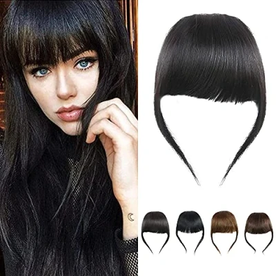 Abbildung von Clip In Fringe Dickem Haar Pony Echthaar Extension Unverarbeitete Fransen, Natürliche Schwarze Farbe