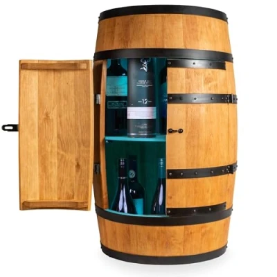 Abbildung von CREATIVE COOPER Weinregal Holz mit Tür LED RGB Alkoholschrank Flaschenregal Holzfass Fassmöbel Weinständer Weinfass Weinbar Fass bar minibar 80 cm High (Eiche)