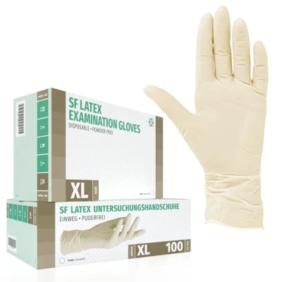 Abbildung von SF Latexhandschuhe 100 Stück Box (XL, Weiß) Einweghandschuhe, Einmalhandschuhe, Untersuchungshandschuhe, Latex Handschuhe, puderfrei, unsteril, disposible gloves