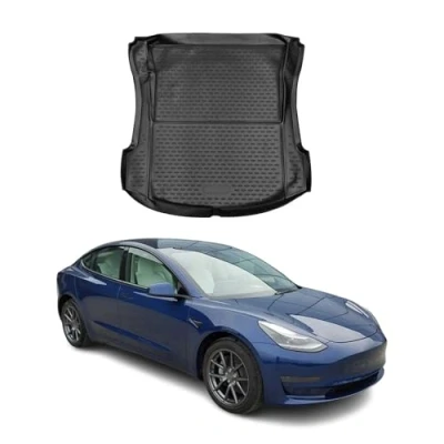 Abbildung von OMAC Kofferraummatte Kofferraumwanne kompatibel mit Tesla Model 3 2017 2024 Gummi TPE Schwarz