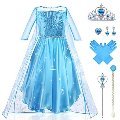 Abbildung von URAQT Kostüm Kinder Mädchen, 9 teiliges Set Kleid mit Krone Diadem Handschuhe Zauberstab für Weihnachten Verkleidung Karneval Halloween Geburtstag Party(110)