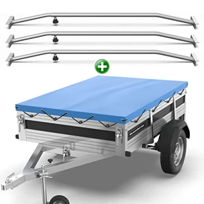 Abbildung von Tarpofix® Anhänger Plane 209x134 cm + 3x Planenbügel Anhängerplane Flachplane aus PVC PLANENMATERIAL Verstärkte Brenderup für 750kg PKW Hänger Abdeckplane Flachplanenbügel