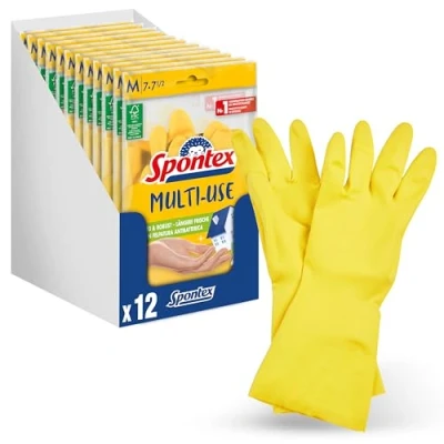 Abbildung von Spontex Multi Use, 12 Paar Haushaltshandschuhe mit Frischeschutz und FSC Naturlatex, innen Baumwollbeflockung, Größe M (12 x 1 Paar)