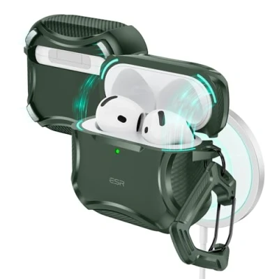 Abbildung von ESR für AirPods 4 Hülle (HaloLock), Kompatibel mit 4. Generation (2024), Unterstützt kabelloses Laden, Starker Sturzschutz, Magnetischer Deckel, Cyber Serie, Grün